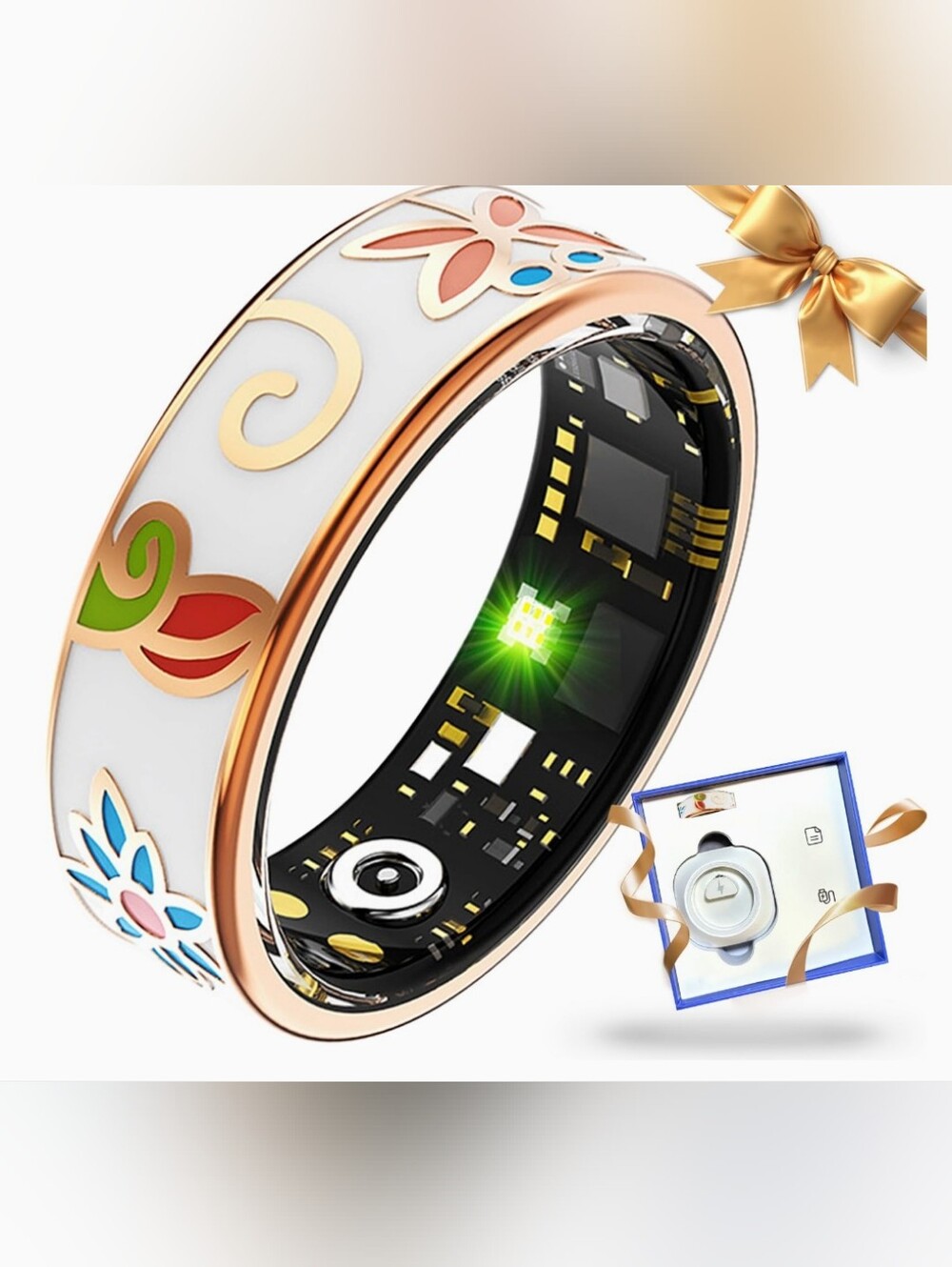 Smart Fitness Ring - White Floral Pattern, Size 12, New In Box